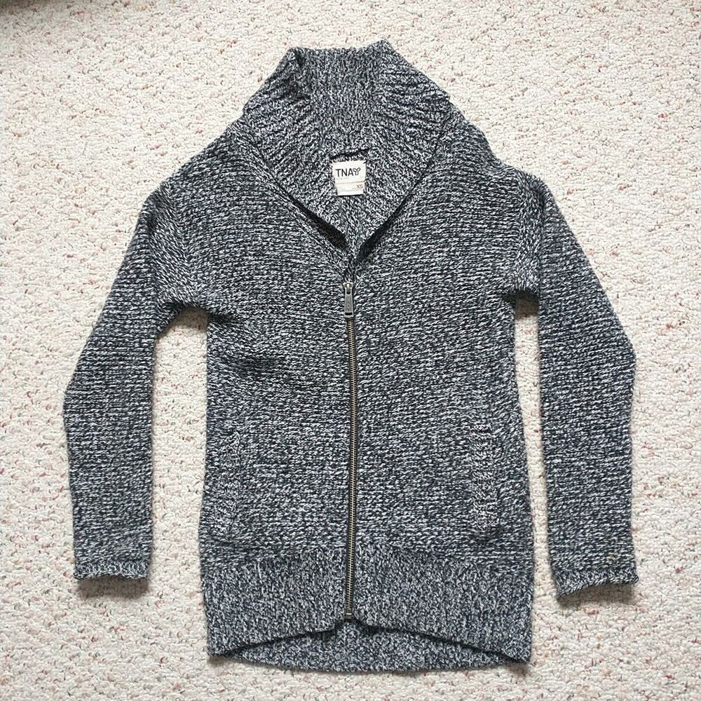 Aritzia TNA Sweater Cardigan Women XS Black White Pocket Zip Shawl Neck Chunky